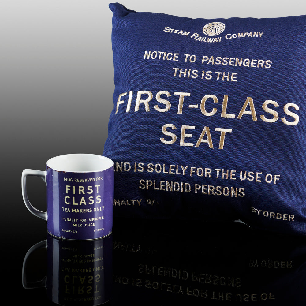 National Railway Museum Navy First Class Mug  and  First Class Seat Retro Cushion - Science Museum Shop