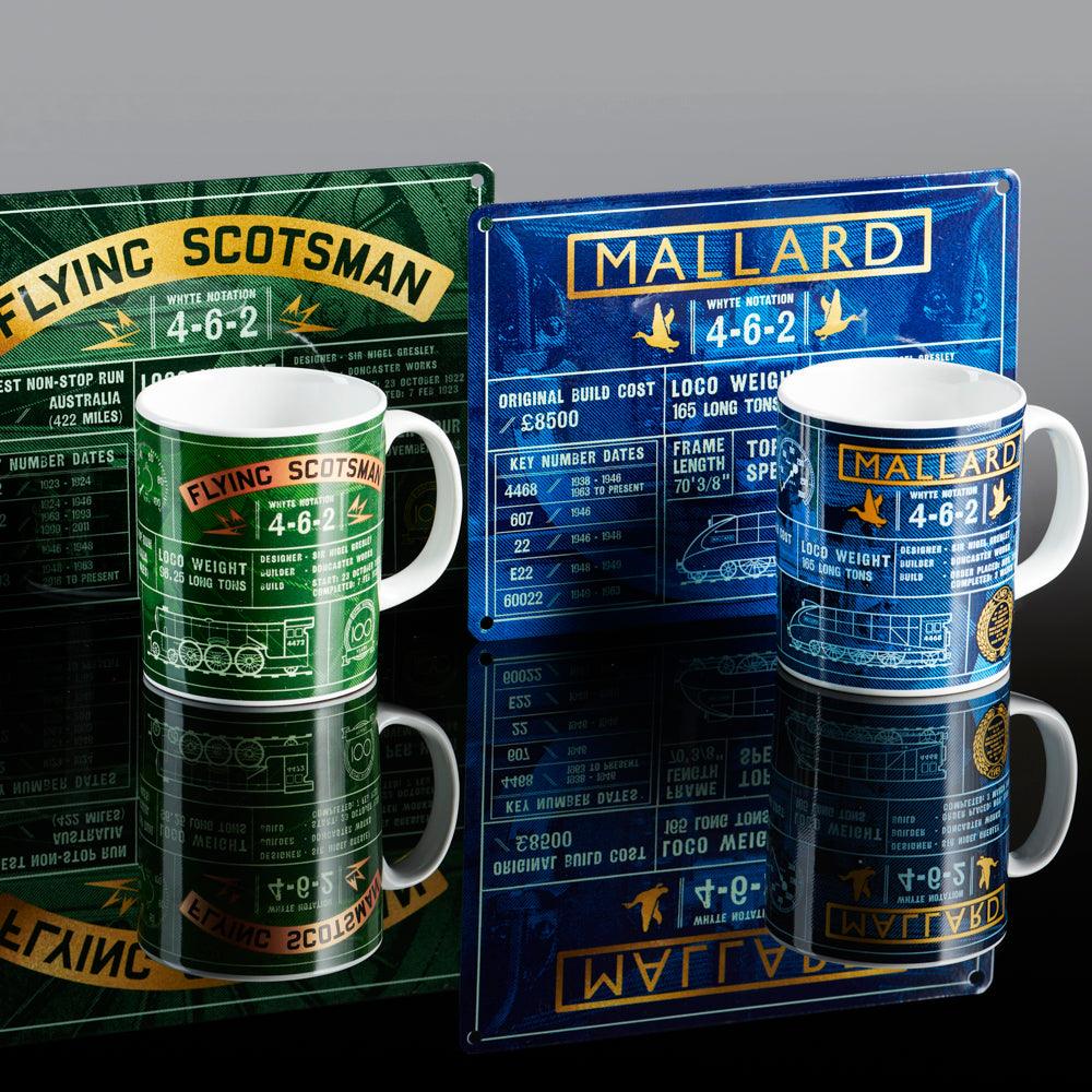 National Railway Museum Flying Scotsman & Mallard Fact File Mug and Metal Sings - Mugs - Train, Locomotive Gift - Science Museum Shop