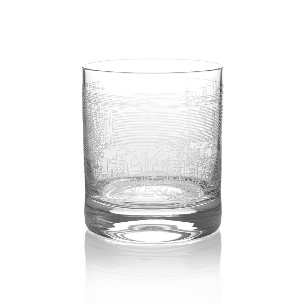 National Railway Museum Flying Scotsman Blueprint Whisky Glass Tumbler -Front- Train, Locomotive Gift - Science Museum Shop