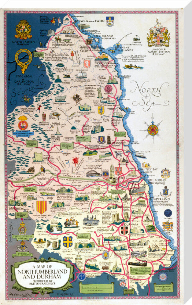 Map of Northumberland and Durham, BR (NER) poster, 1949. stretched canvas extra large none Art Print - Science Museum Shop