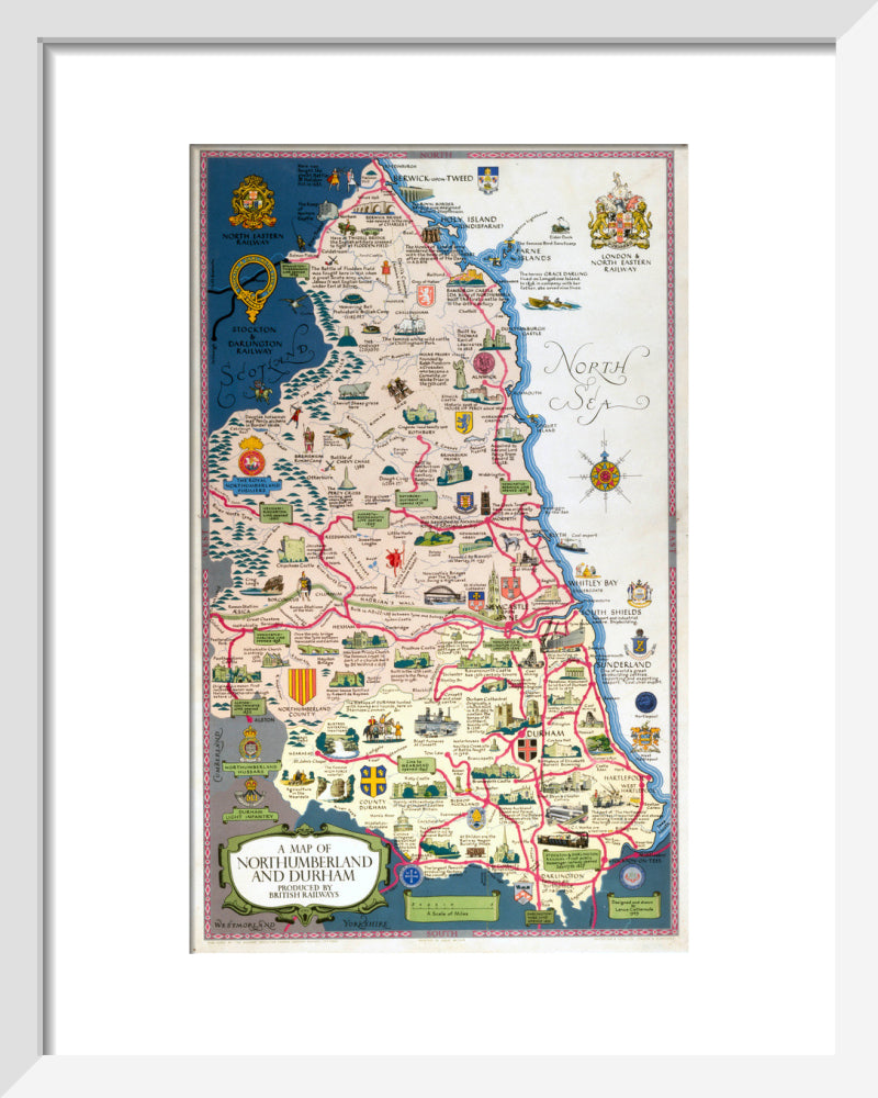 Map of Northumberland and Durham, BR (NER) poster, 1949. art print extra small white Art Print - Science Museum Shop