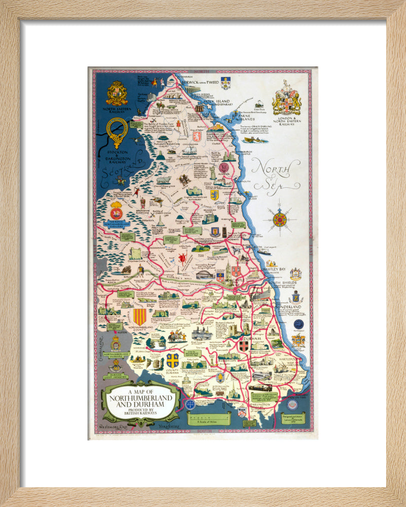 Map of Northumberland and Durham, BR (NER) poster, 1949. art print extra small natural Art Print - Science Museum Shop