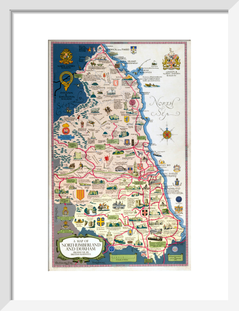 Map of Northumberland and Durham, BR (NER) poster, 1949. art print small white Art Print - Science Museum Shop