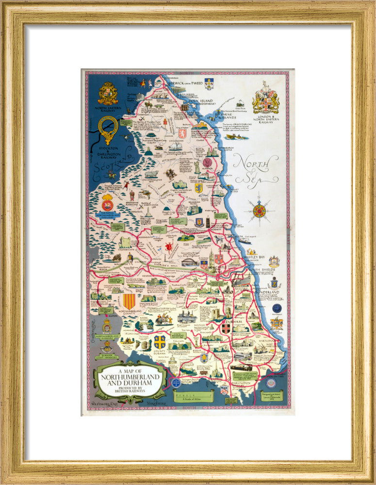 Map of Northumberland and Durham, BR (NER) poster, 1949. art print small gold Art Print - Science Museum Shop