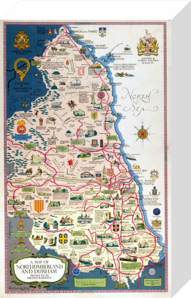 Map of Northumberland and Durham, BR (NER) poster, 1949. stretched canvas small none Art Print - Science Museum Shop