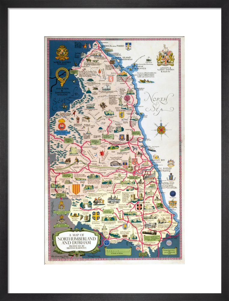 Map of Northumberland and Durham, BR (NER) poster, 1949. art print medium black Art Print - Science Museum Shop