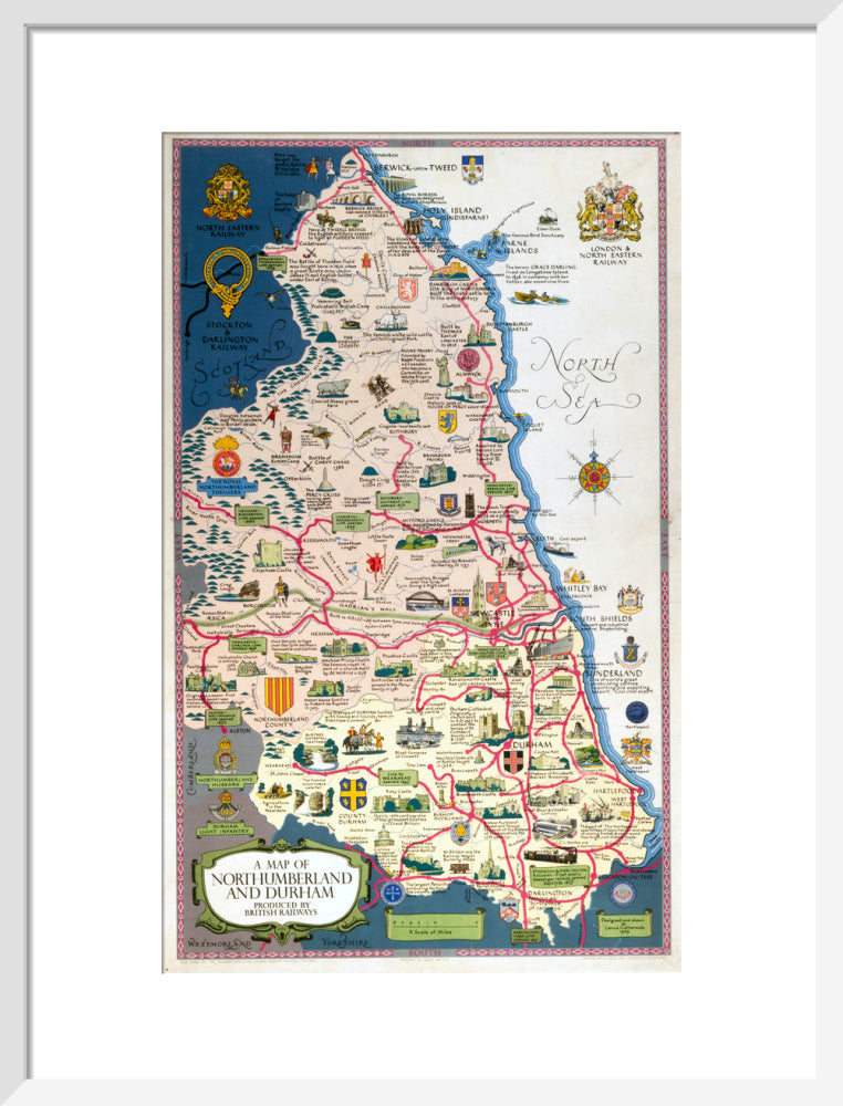 Map of Northumberland and Durham, BR (NER) poster, 1949. art print medium white Art Print - Science Museum Shop