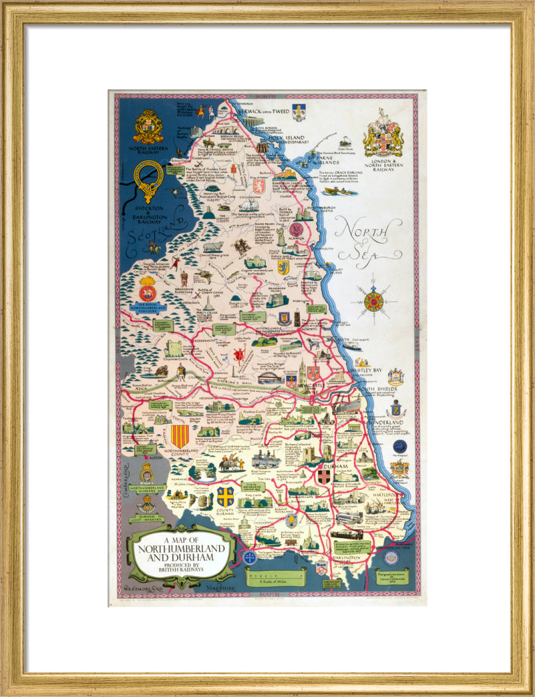 Map of Northumberland and Durham, BR (NER) poster, 1949. art print medium gold Art Print - Science Museum Shop