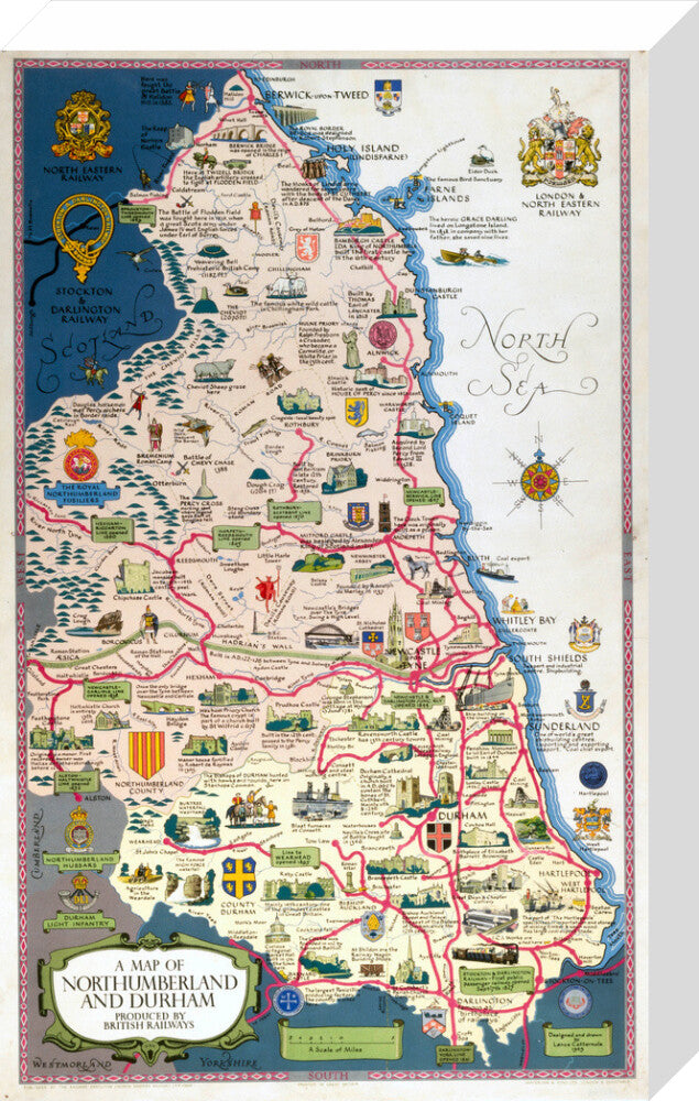 Map of Northumberland and Durham, BR (NER) poster, 1949. stretched canvas medium none Art Print - Science Museum Shop