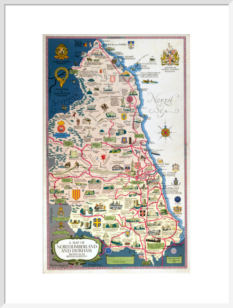 Map of Northumberland and Durham, BR (NER) poster, 1949. art print extra large white Art Print - Science Museum Shop