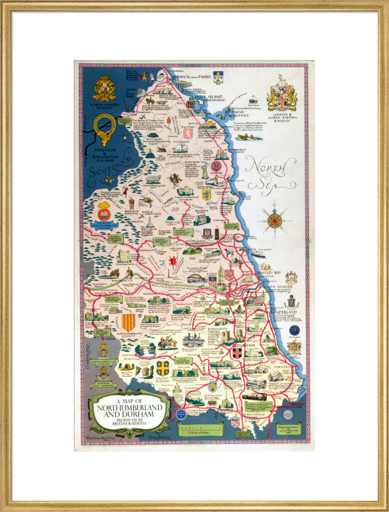 Map of Northumberland and Durham, BR (NER) poster, 1949. art print extra large gold Art Print - Science Museum Shop