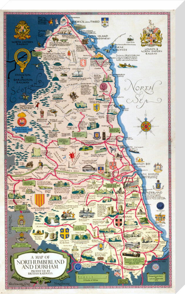 Map of Northumberland and Durham, BR (NER) poster, 1949. stretched canvas large none Art Print - Science Museum Shop