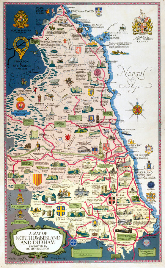 Map of Northumberland and Durham, BR (NER) poster, 1949. Art Print - Science Museum Shop