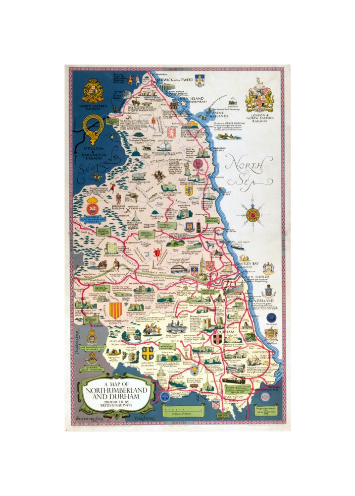 Map of Northumberland and Durham, BR (NER) poster, 1949. unstretched canvas small none Art Print - Science Museum Shop