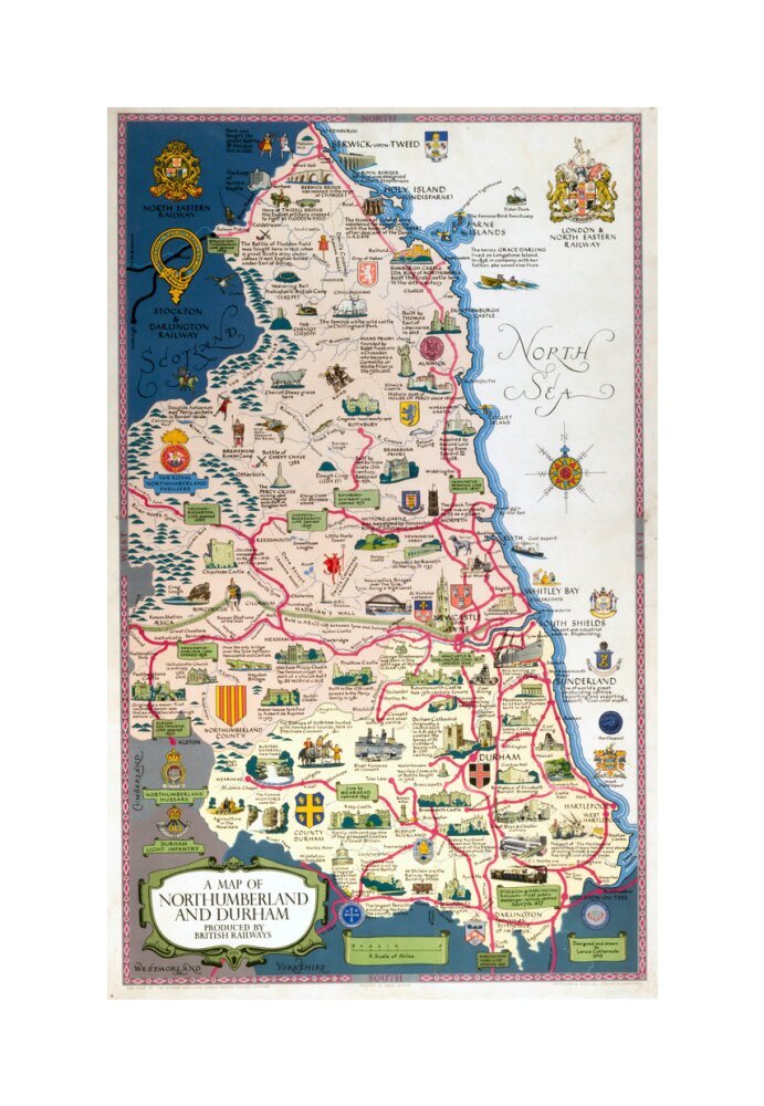 Map of Northumberland and Durham, BR (NER) poster, 1949. unstretched canvas medium none Art Print - Science Museum Shop