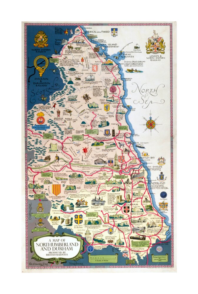 Map of Northumberland and Durham, BR (NER) poster, 1949. unstretched canvas large none Art Print - Science Museum Shop