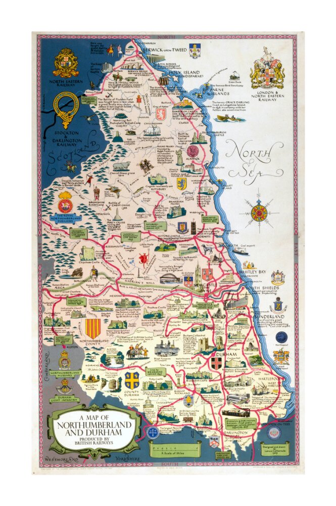 Map of Northumberland and Durham, BR (NER) poster, 1949. unstretched canvas extra large none Art Print - Science Museum Shop
