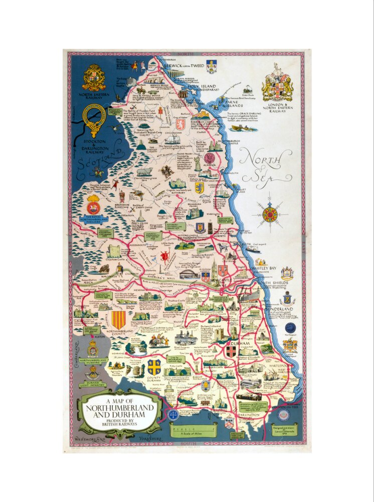 Map of Northumberland and Durham, BR (NER) poster, 1949. art print extra large none Art Print - Science Museum Shop