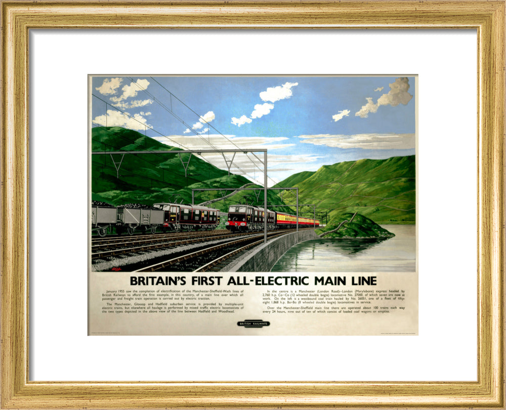 'Britain's First All-Electric Main Line', BR poster, 1955. art print extra small gold Art Print - Science Museum Shop