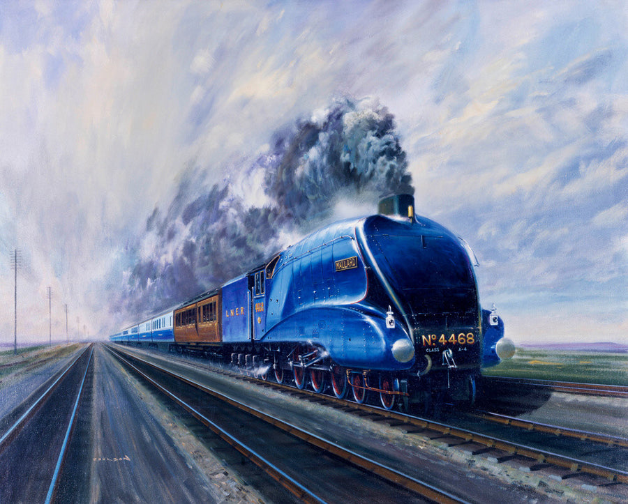 'Mallard' steam locomotive hauling carriages at speed, c 1938. Art Print - Science Museum Shop