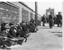 Miners resting at Central Station, Blackpool, 21 June 1919. stretched canvas extra large none Art Print - Science Museum Shop