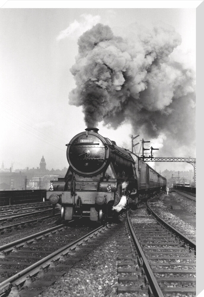 'Flying Scotsman' A3 Class steam locomotive leaving Leeds station, 1956. stretched canvas extra large none Art Print - Science Museum Shop