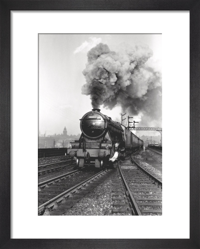 'Flying Scotsman' A3 Class steam locomotive leaving Leeds station, 1956. art print extra small black Art Print - Science Museum Shop