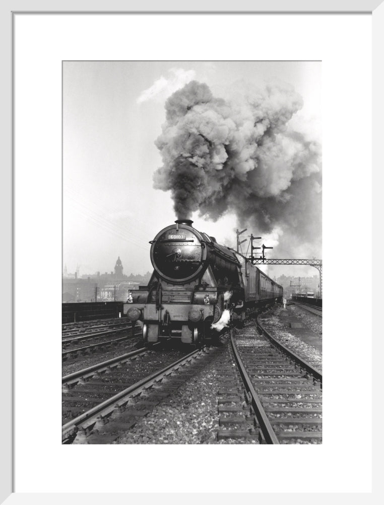 'Flying Scotsman' A3 Class steam locomotive leaving Leeds station, 1956. art print medium white Art Print - Science Museum Shop