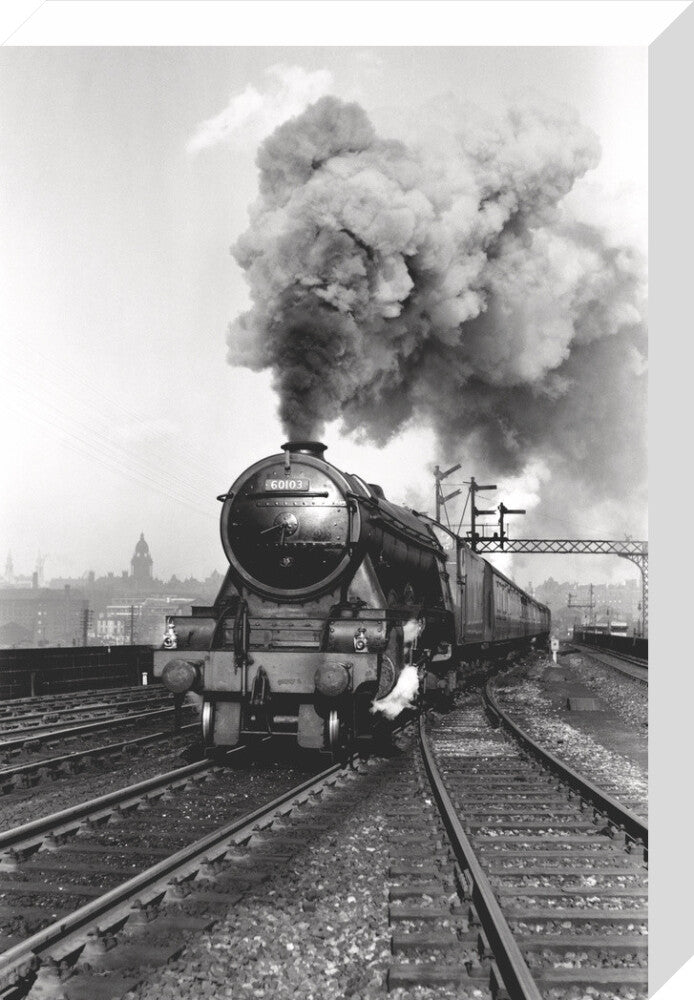 'Flying Scotsman' A3 Class steam locomotive leaving Leeds station, 1956. stretched canvas medium none Art Print - Science Museum Shop