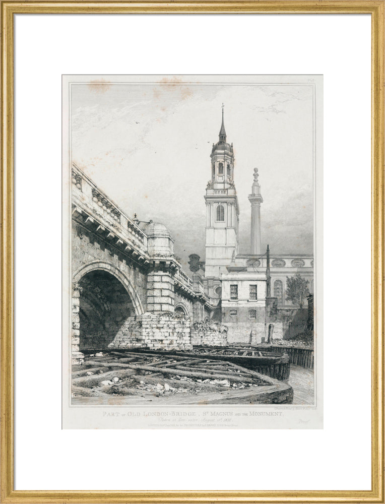 Old London Bridge, St Magnus the Martyr and the Monument, London, 1831. art print large gold Art Print - Science Museum Shop