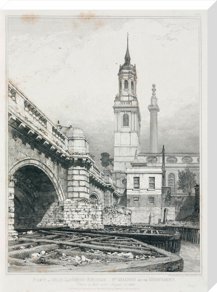 Old London Bridge, St Magnus the Martyr and the Monument, London, 1831. stretched canvas large none Art Print - Science Museum Shop