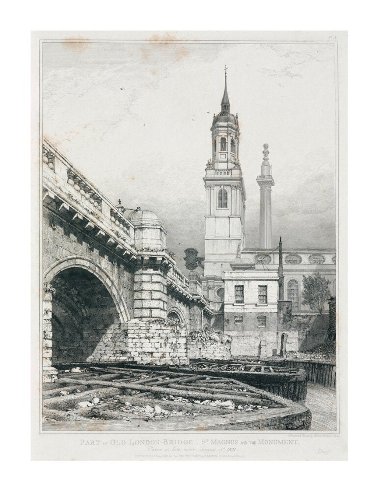 Old London Bridge, St Magnus the Martyr and the Monument, London, 1831. unstretched canvas extra large none Art Print - Science Museum Shop