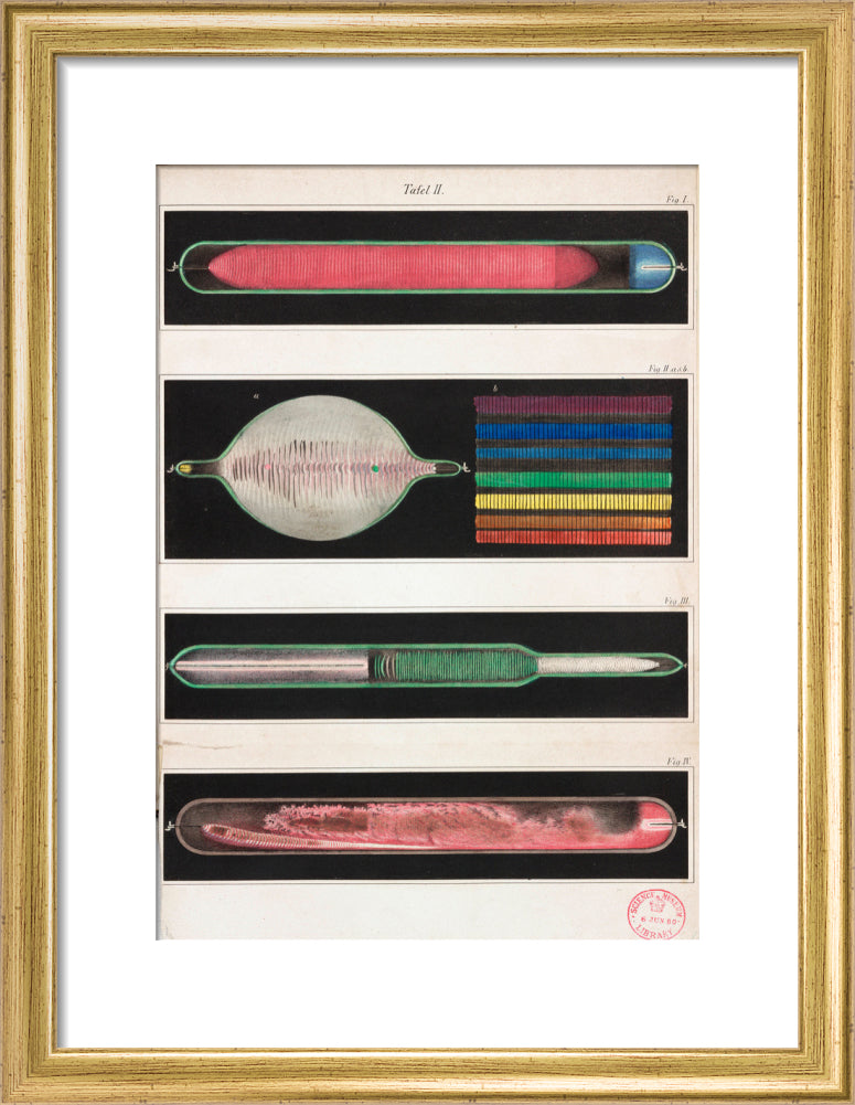 Glowing Geissler tubes, 1858. art print small gold Art Print - Science Museum Shop