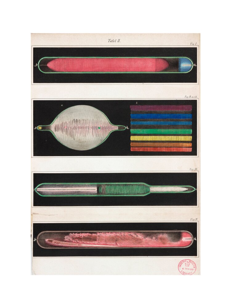 Glowing Geissler tubes, 1858. art print medium none Art Print - Science Museum Shop