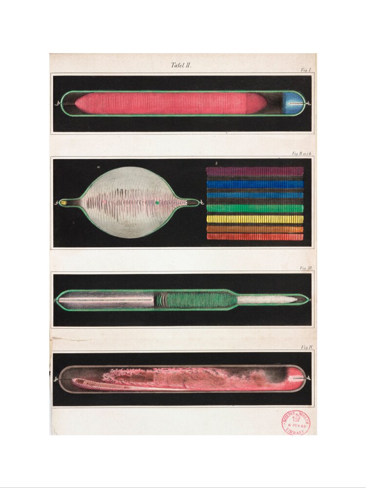 Glowing Geissler tubes, 1858. art print large none Art Print - Science Museum Shop