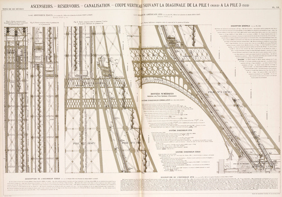 Diagram of the Eiffel Tower showing the lifts, c 1887. Art Print - Science Museum Shop