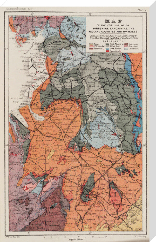 Map of the coal fields of north-west England, 1869. stretched canvas extra large none Art Print - Science Museum Shop