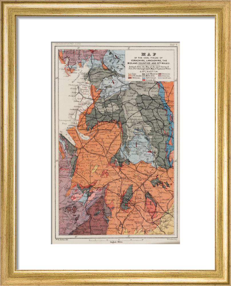 Map of the coal fields of north-west England, 1869. art print extra small gold Art Print - Science Museum Shop