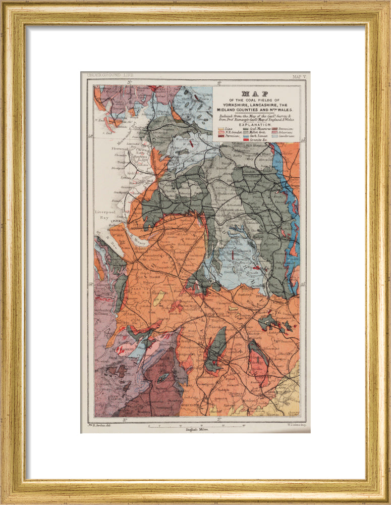 Map of the coal fields of north-west England, 1869. art print small gold Art Print - Science Museum Shop