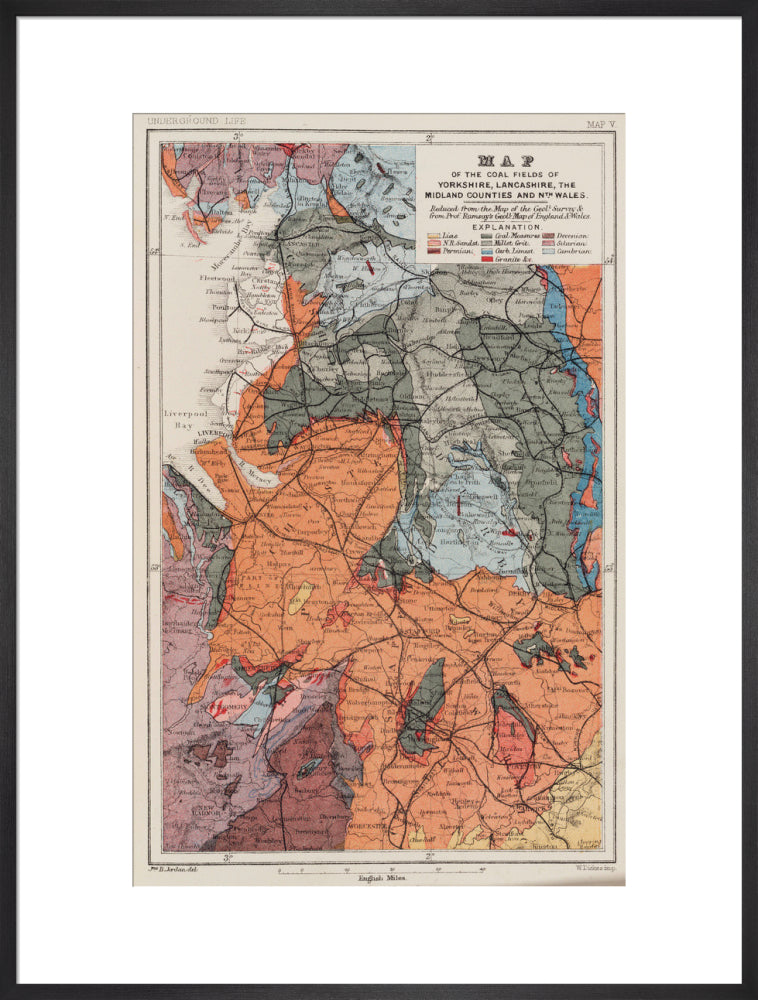 Map of the coal fields of north-west England, 1869. art print extra large black Art Print - Science Museum Shop