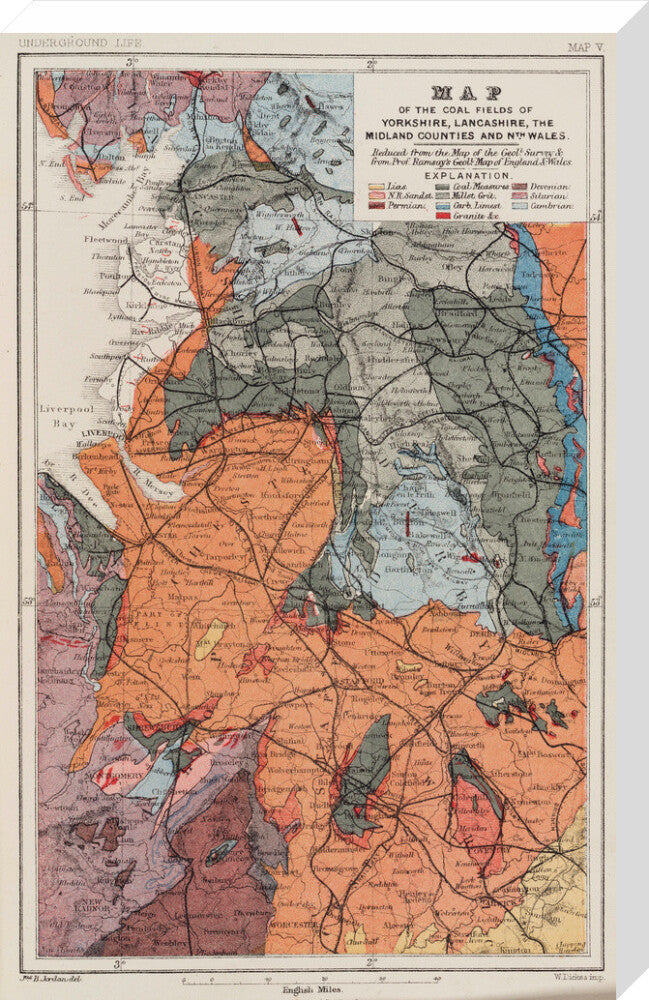 Map of the coal fields of north-west England, 1869. stretched canvas large none Art Print - Science Museum Shop