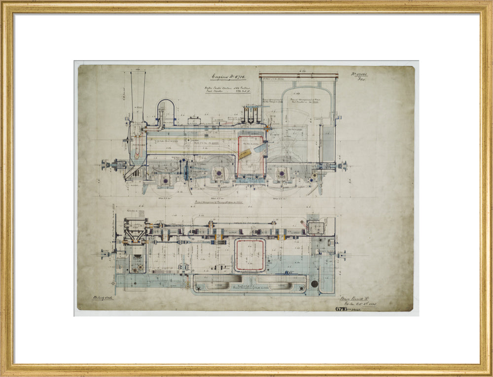 General arrangement drawing of Batavia Ooster Railway (Indonesia) '2-4-0' tank locomotive.39565_6716 art print large gold Art Print - Science Museum Shop