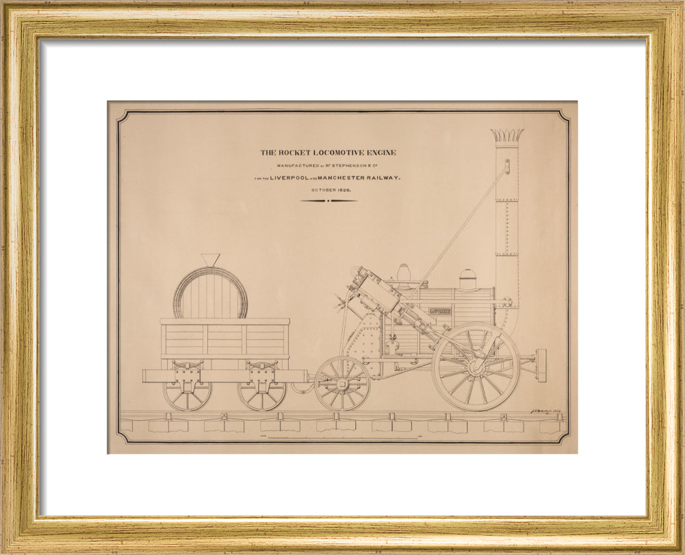 Pen and ink side elevation of the Rocket art print extra small gold Art Print - Science Museum Shop