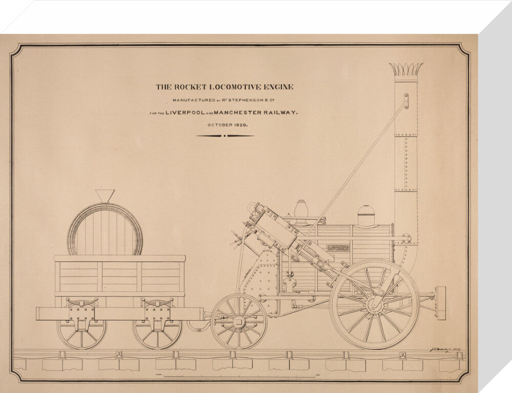 Pen and ink side elevation of the Rocket stretched canvas small none Art Print - Science Museum Shop