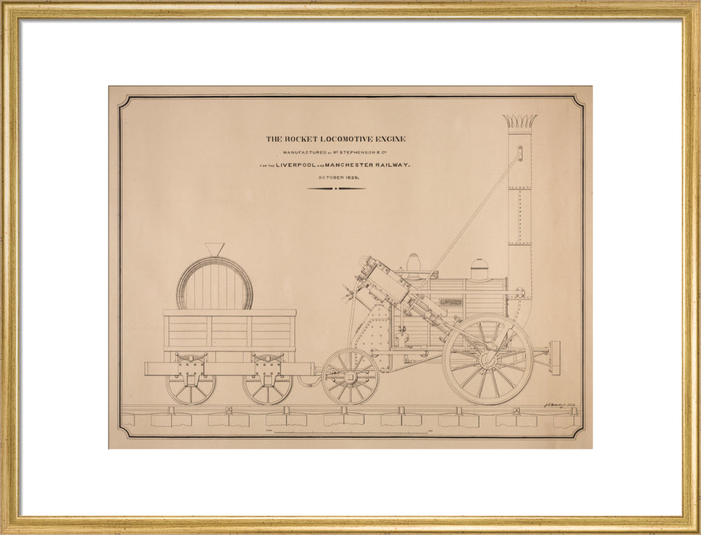 Pen and ink side elevation of the Rocket art print large gold Art Print - Science Museum Shop