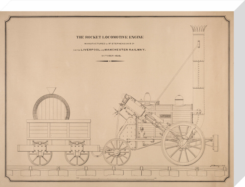 Pen and ink side elevation of the Rocket stretched canvas medium none Art Print - Science Museum Shop