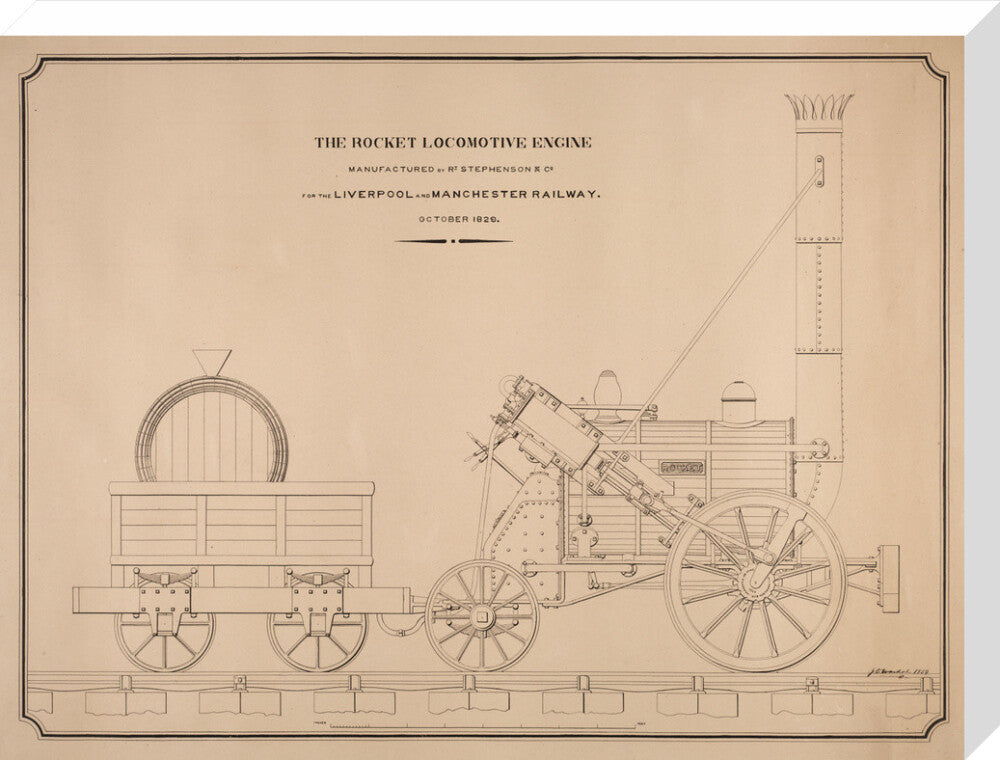 Pen and ink side elevation of the Rocket stretched canvas large none Art Print - Science Museum Shop