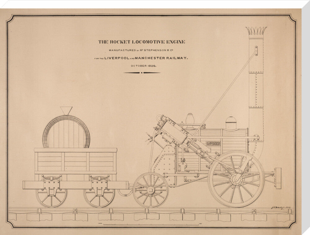 Pen and ink side elevation of the Rocket stretched canvas extra large none Art Print - Science Museum Shop