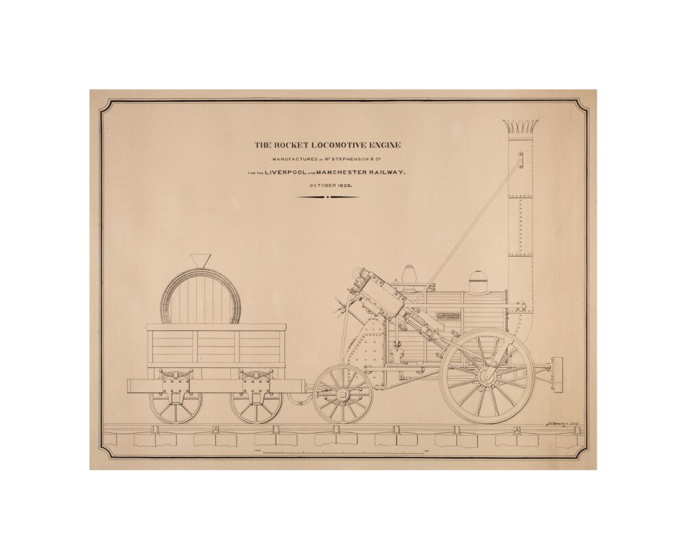 Pen and ink side elevation of the Rocket unstretched canvas small none Art Print - Science Museum Shop