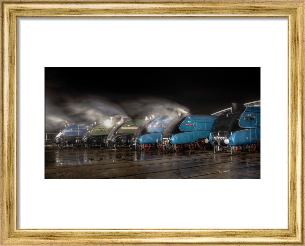 A-4 Class locomotives at the Great Gathering/ Great Goodbye in the National Railway Museum Shildon, 2014. art print extra small gold Art Print - Science Museum Shop